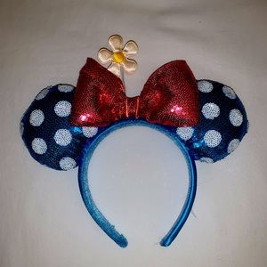 Blue Polka Dot Sequin Minnie Ears Headband with Red Bow